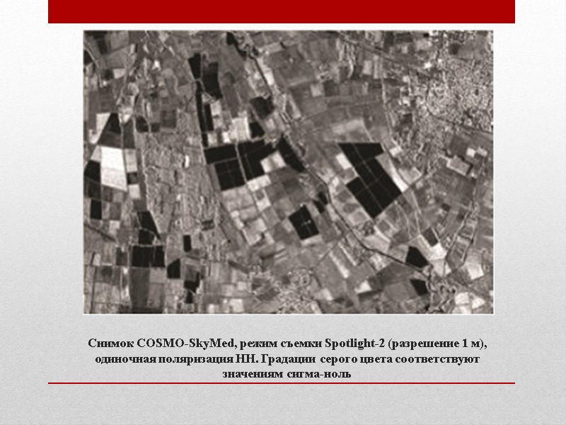 Снимок COSMO-SkyMed, режим съемки Spotlight-2 (разрешение 1 м), одиночная поляризация HH. Градации серого цвета